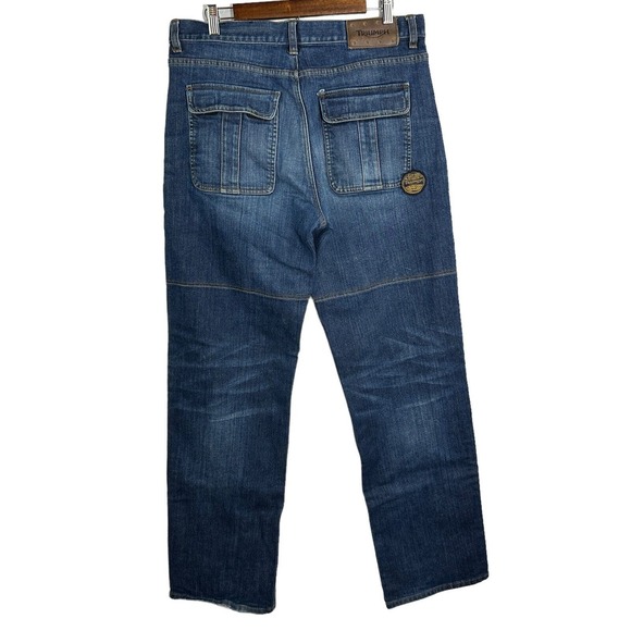 TRIUMPH MOTORCYCLE Jeans Blue Gusseted Double Knee Denim Flap Pockets 36X34 - Picture 2 of 16
